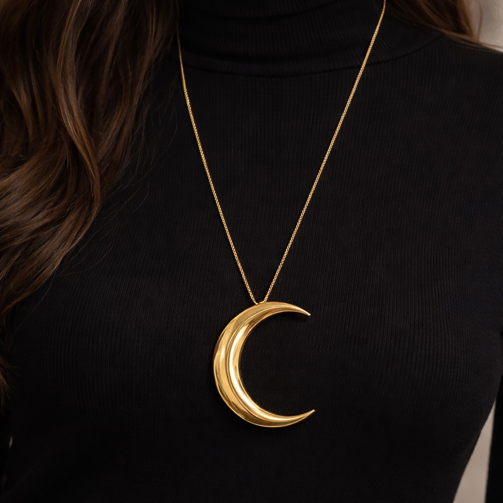 Saint Laurent Crescent Moon Pendant Necklace Oversized Gold Metal Chain VGC - Picture 4 of 13